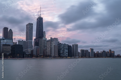 Looking down Chicago skyline with pink sky