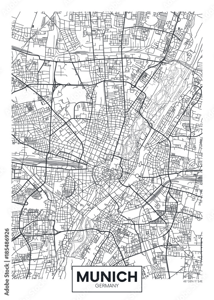 Fototapeta premium Szczegółowa mapa miasta plakat wektor Monachium