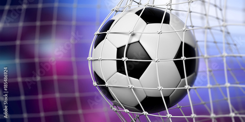 Football soccer ball in goal  blue background. 3d illustration