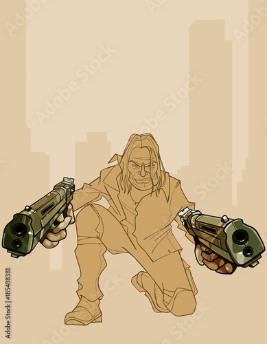 sketch a brutal man aiming two pistols