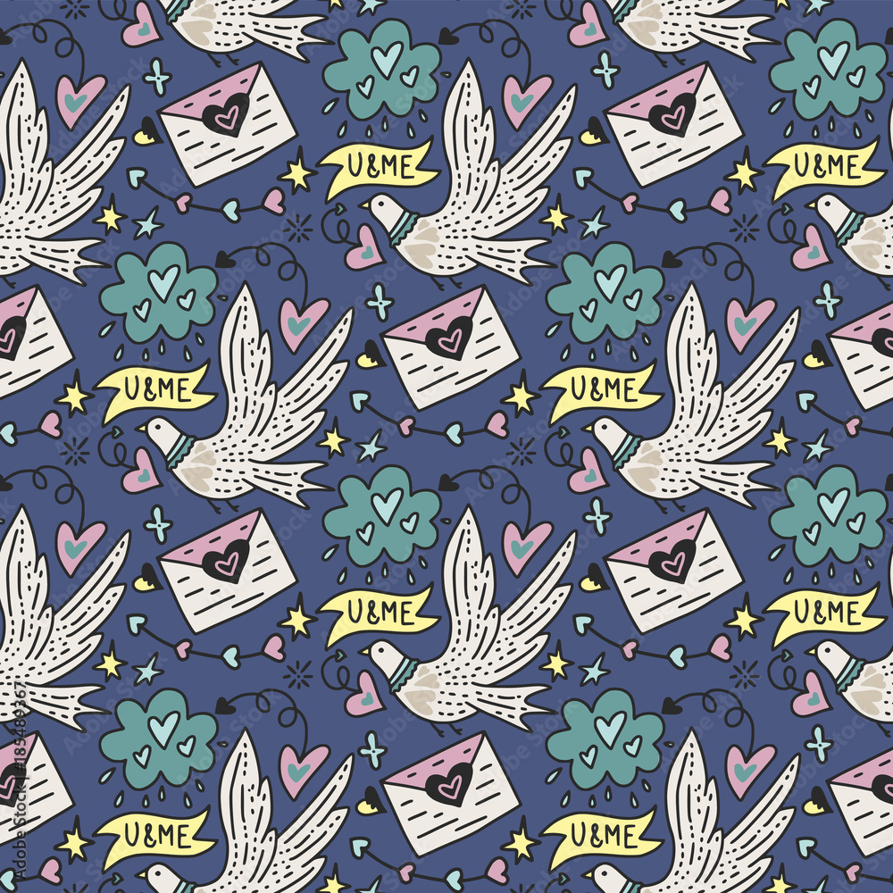 Fototapeta premium Vector seamless pattern with cute white doves, letters of love and hearts. 