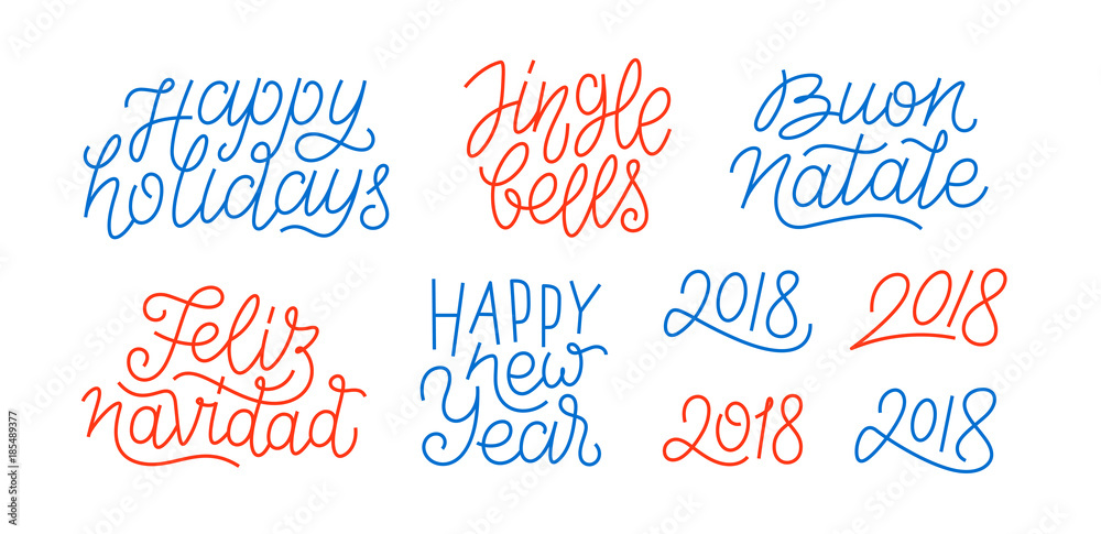 Fototapeta premium Happy New Year, set of numbers 2018, Feliz Navidad, Buon Natale, Happy Holidays line art calligraphic lettering quotes isolated on white background. Editable stroke. Vector typography design