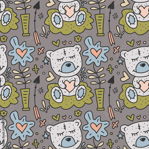 Vector seamless pattern with cute Teddy bears hearts and flowers. 
