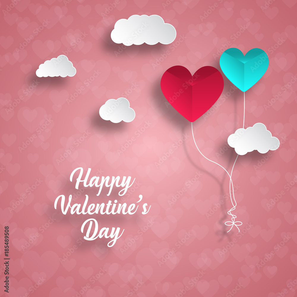 Valentine's day abstract background with red paper hearts. Valentines day with paper cut red heart shape balloon flying and hearts decorations in white background. Vector illustration.