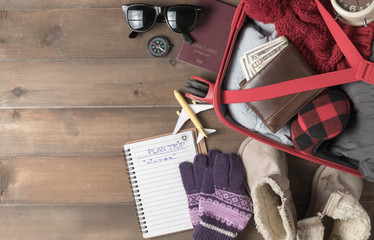 prepare accessories and travel items for winter trip