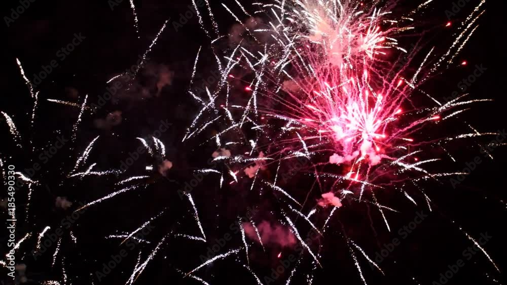Fireworks exploding in various colors in the dark night sky