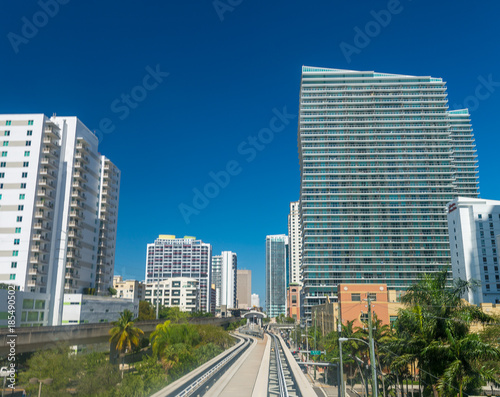 Miami downtown city metro bus road and buildings on a sunny winter day