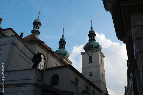 Looking up at the west end of the Church of St Gallen (Svaty Havel) in Prague, Czech Republic. Church of St Gallen on summer day in Prague.