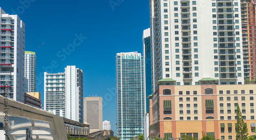 MIAMI - FEBRUARY 2016  Aerial city skyline from a moving train. Miami attracts 20 million people every year