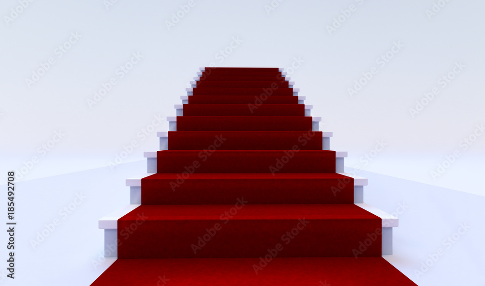 Front view of white staircase withe red carpet. Front view of white staircase withe red carpet.