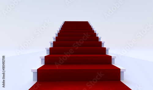 Front view of white staircase withe red carpet.