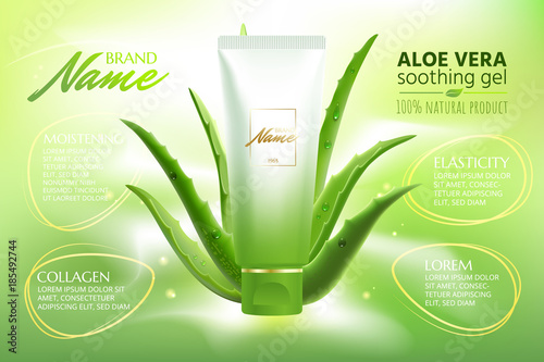 Advertising poster for cosmetic product for catalog, magazine. Vector design of cosmetic package.Moisturizing cream, gel, body lotion with aloe vera extract . Vector illustration with isolated objects
