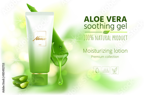 Advertising poster for cosmetic product for catalog, magazine. Vector design of cosmetic package.Moisturizing cream, gel, body lotion with aloe vera extract . Vector illustration with isolated objects