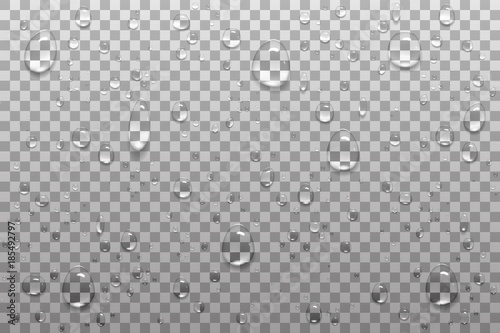 Realistic, transparent drops on a transparent background. Can be used with a different background. Vector illustration