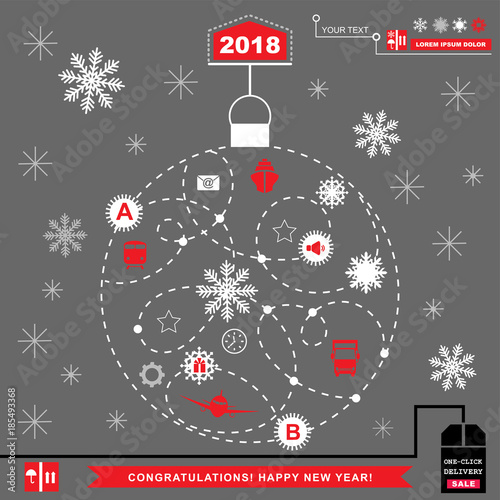 Red pathway in the shape of christmas ball on grey background. White Red grey christmas logistics icons on the grey background. Technology background. 