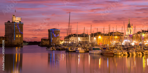 La Rochelle - Harbor by night with beautiful sunset photo