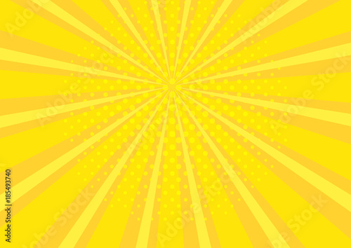 Pop art abstract background with bright yellow sunbeams and halftone dots. Vector illustration