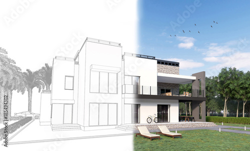 3d sketch of a modern private house back yard with a terrace, lawn, bicycle and sun loungers surrounded by palm trees and becoming real in 3d render 