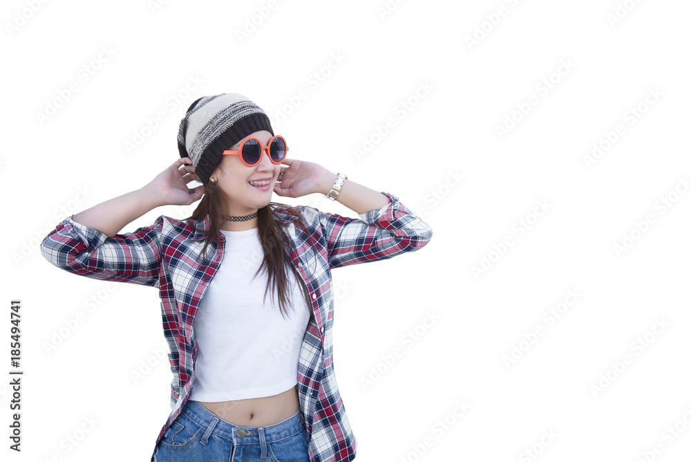 Portrait of beautiful asian hipster girl on white background,Lifestyle of modern woman,Thailand happy woman concept