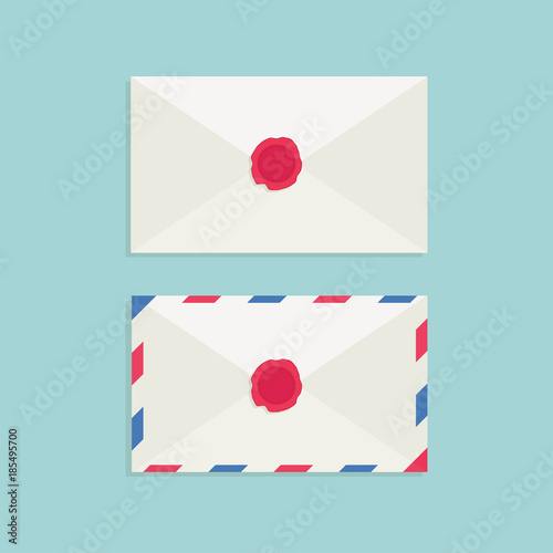 Mail envelope with wax seal on a blue background. Mail icons. Vector Illustration