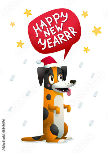 Cute dog with Happy new year inscription. Stylish yellow dog with santa claus...