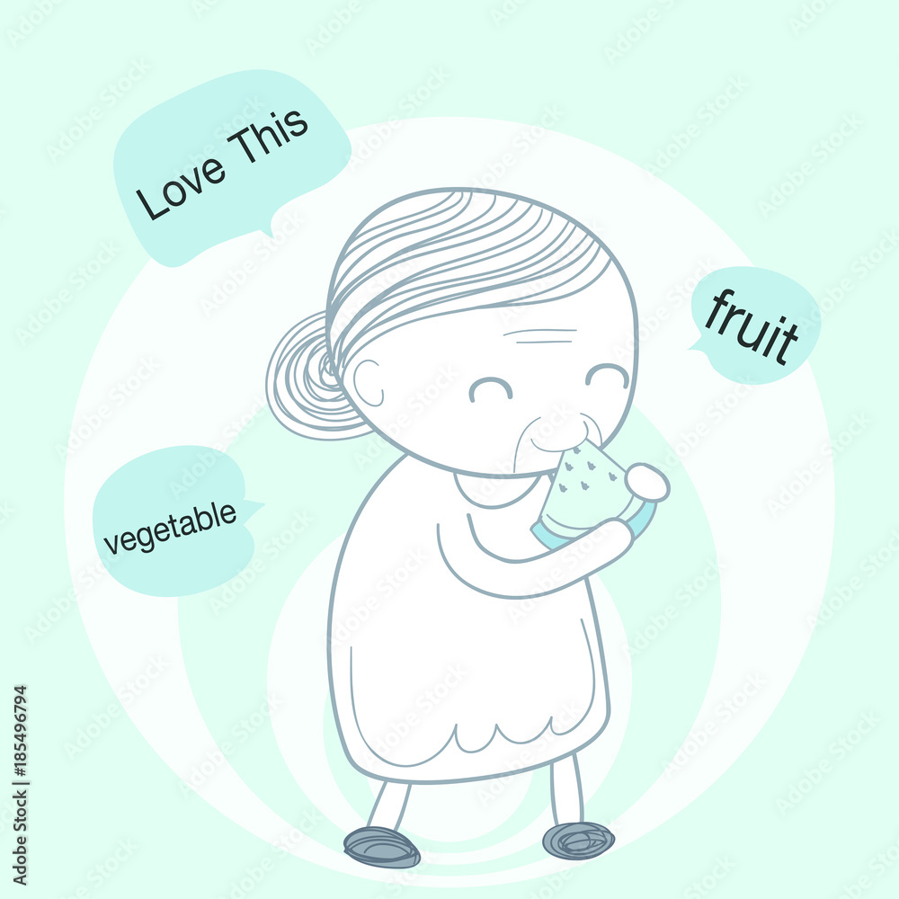 Character design concept of elderly falls : Like to eat fruit and vegetable