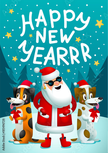 Happy new year. Santa Claus and 2 funny dogs with gifts. Christmas hipster po...