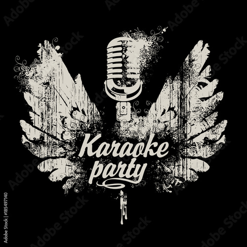 Vector banner for karaoke party with a microphone and wings with splashes and curls on black background in grunge style