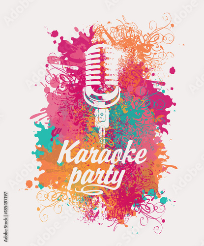 Vector banner with microphone and inscription karaoke party on the art background with colored spots, splashes and curls in grunge style