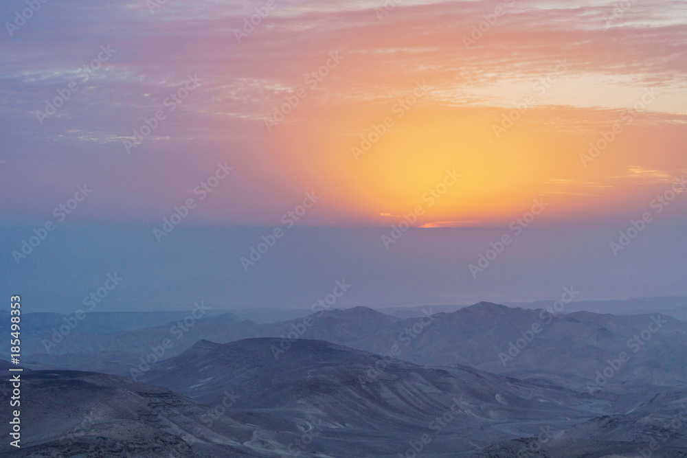 Landscape of morning dawn nature and sunlight over judean desert in Israel