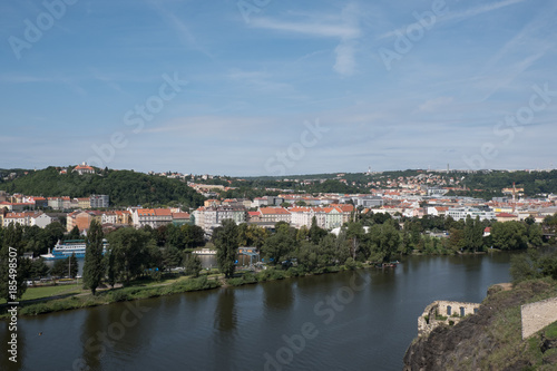 View of Prague and the Vltava River from Vysehrad. Looking out over Prague from above on a summer's day,