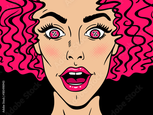 Wow pop art face. Sexy surprised woman with pink curly hair and wide open mouth and eyes with percent signs in pupils. Vector colorful background in pop art retro comic style. Sale poster template.