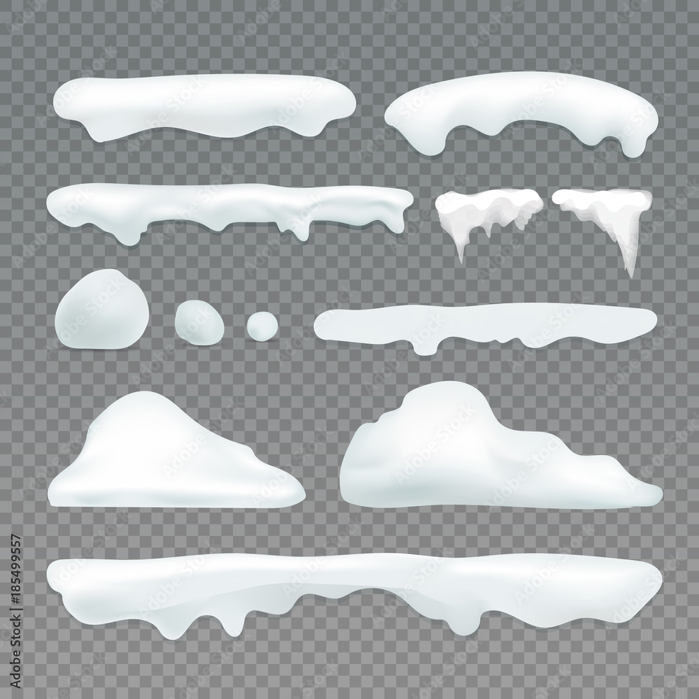 Naklejka premium Vector icicles and snowcap elements on transparent background. Snow effects vector collection