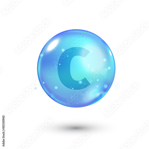 Shiny colored bowl with letter, vitamin, blue capsule. Blue bubble