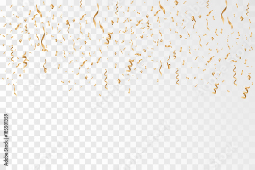 Golden confetti and ribbon falling on transparent background. Celebration. Vector Illustration EPS10