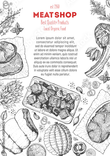 Meats and sausages top view frame. Vector illustration. Engraved design. Hand drawn illustration. Meat products design template.