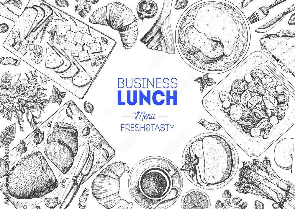 Business lunch top view frame. Food menu design. Vintage hand drawn ...