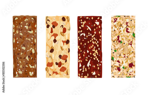 Various vector granola bars isolated on white background. Healthy gluten-free and lactosa free snacks. Energy bars vector