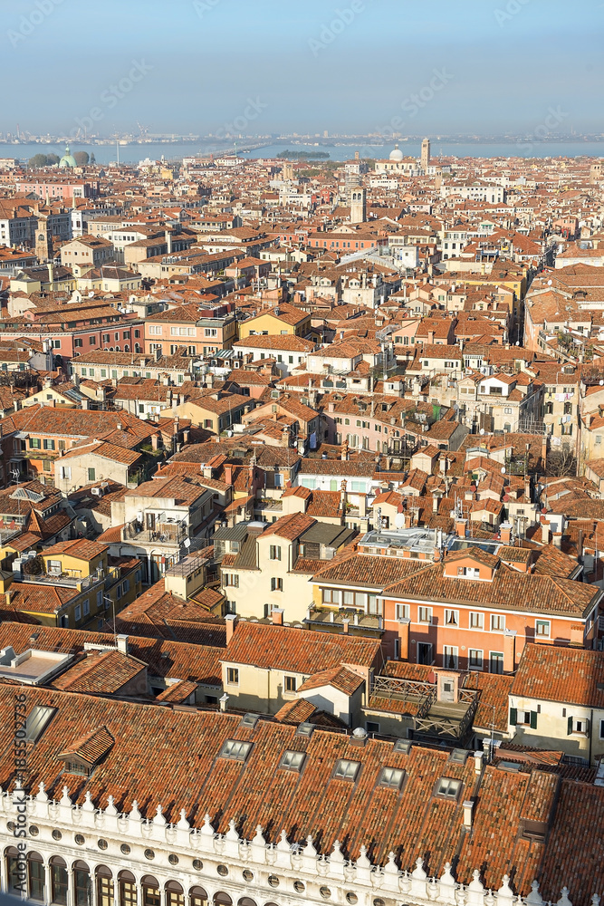 view of the roofs of Venice from the top of the  San Marco Campanile in Venice, Italy