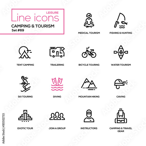 Camping and tourism - line design icons set