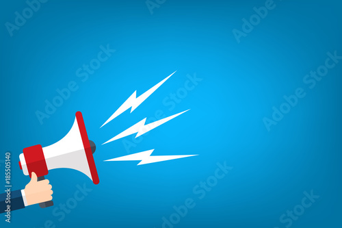 Megaphone in hand flat vector image illustration art esp isolated on blue background cartoon
