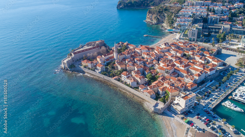 Old Town Budva. Aerial view from sky
