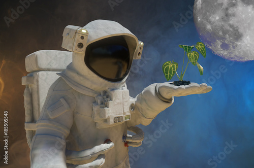 Fototapeta Naklejka Na Ścianę i Meble -  3D Illustration of the astronaut holds a green plant with leaves in hand