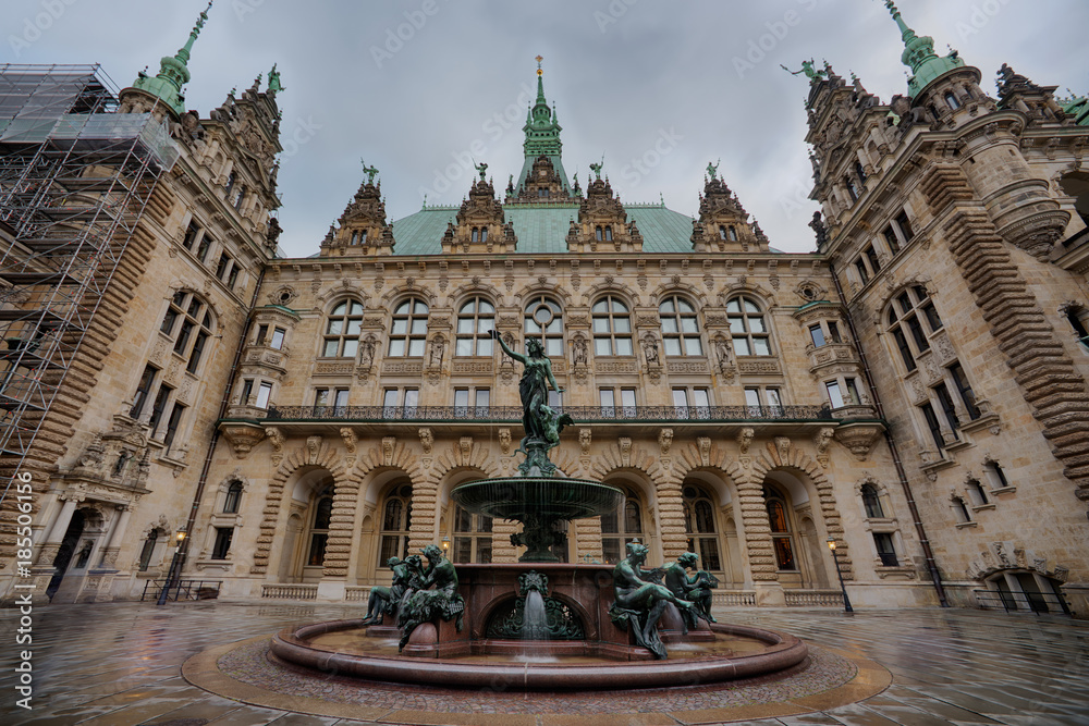 Hamburg town hall with Hygieia fountain from courtyard