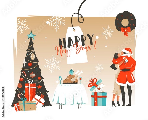 Hand drawn vector Happy New Year time cartoon illustrations retro card with romantic couple who kissing and hugging under the mistletoe,xmas tree and dinner table isolated on craft background