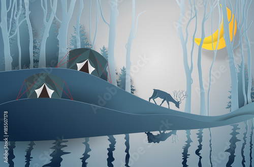 Camping tent, Family Adventure Camp. under the view pine forest landscape near water outdoor and mountains background, with moonlight. paper art and craft style. Vector illustration.