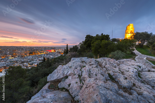 View of Athens and Filopappos monument early in the morning, Greece. 
