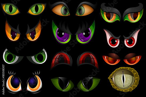 Cartoon vector eyes beast devil monster animals eyeballs of angry or scary expressions evil eyebrow and eyelashes on face scared snake or dracula vampire animal eyesight illustration isolated black