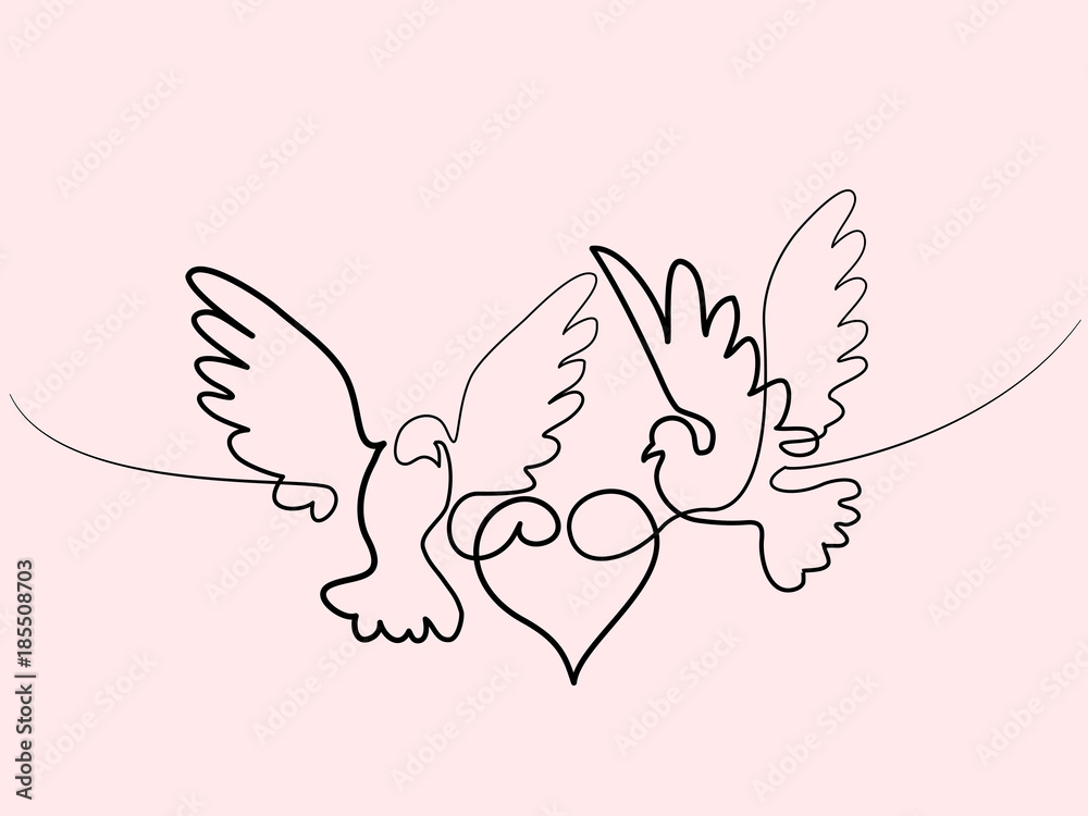 Fototapeta premium Continuous one line different width drawing. Flying two pigeons with heart Valentine Day logo. Black and white vector illustration. Concept for logo, card, banner, poster, flyer