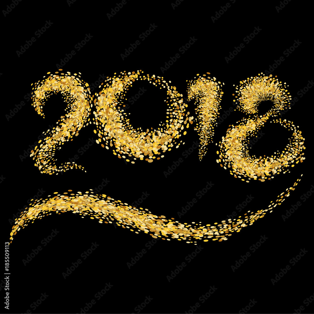 With Rogest, New Year 2018. Numbers of golden sequins on a black background. Gold sand. Abstract background for the banner. Brush in grunge style. Vector illustration